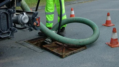 Emergency sewer and drain cleaning in action as a worker flushes an open street drain beside a service truck and orange cones
