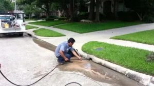 Emergency sewer and drain cleaning crew rinsing muddy runoff along a quiet residential street near a service truck.